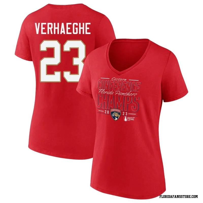 Red Women's Carter Verhaeghe Florida Panthers 2023 Eastern Conference Champions Goal Tender V-Neck T-Shirt